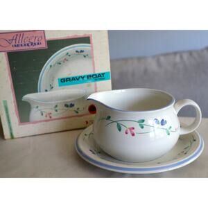 Vintage Allegro Hearthside Stoneware Gravy Boat w/ Plate Blue Pink Flowers Round